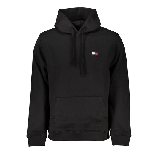 Tommy Hilfiger Black Cotton Men Sweater with Hood featuring central pocket and iconic logo.