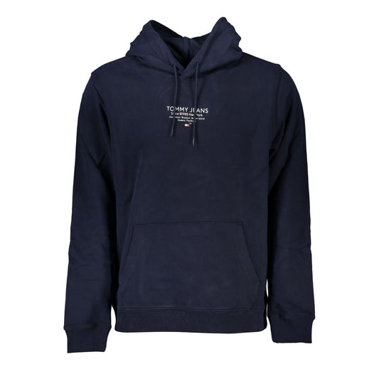 Tommy Hilfiger Blue Cotton Men Sweater with Hood, featuring long sleeves, central pocket, and logo print, perfect for off-duty style.