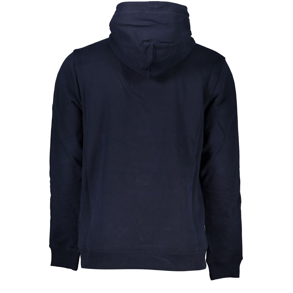 Tommy Hilfiger Blue Cotton Men Sweater with Hood, back view showcasing the cozy hood and soft cotton material for a relaxed style.