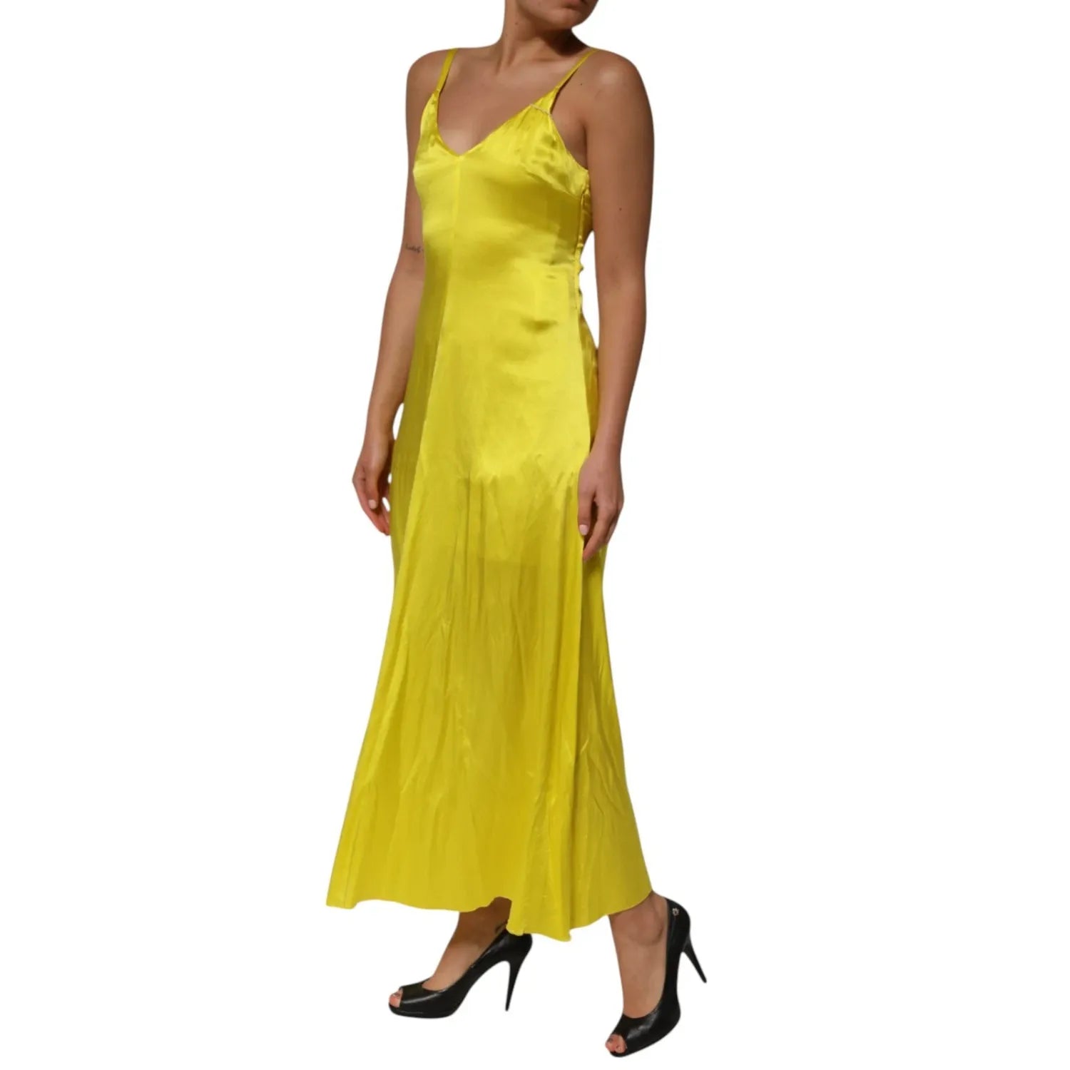 Tonello Yellow Silk Satin Slip Maxi Spaghetti Strap Maxi Dress