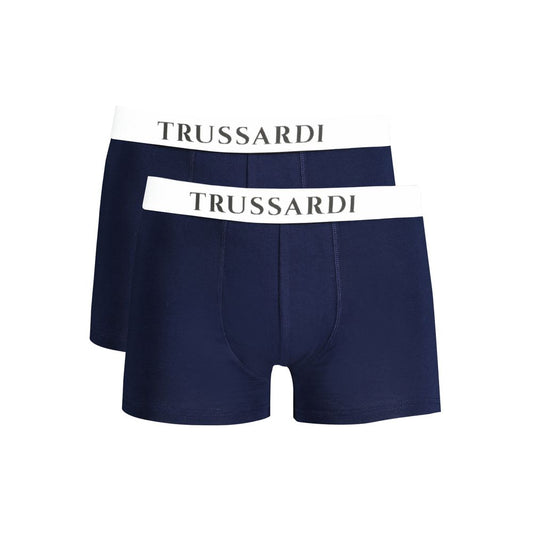 Trussardi Blue Cotton Underwear bi-pack with elastic waist and logo print. Image of basic boxer parts. High-quality comfort.