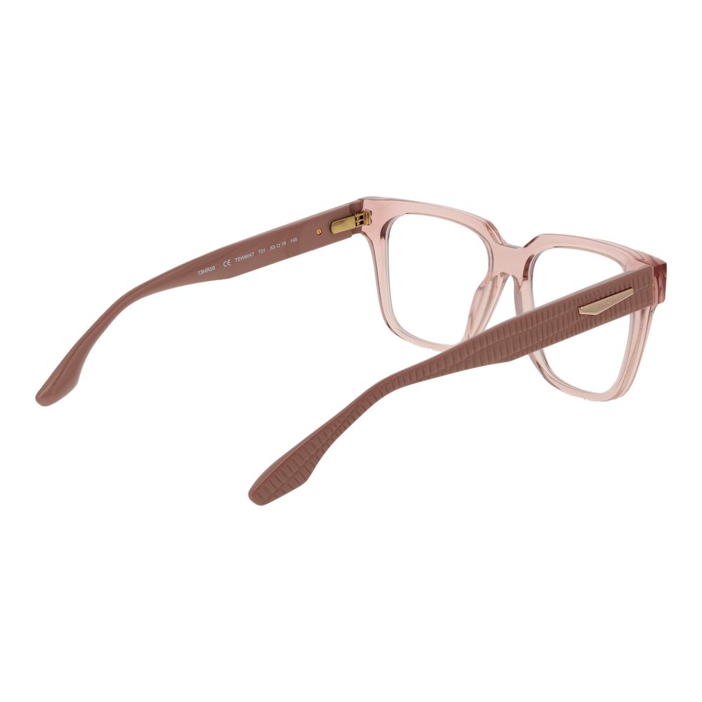 Alt Tag: Trussardi Pink Acetate Glasses (Frames) for women in rose color with full-rim square style. Includes branded case and demo lenses.