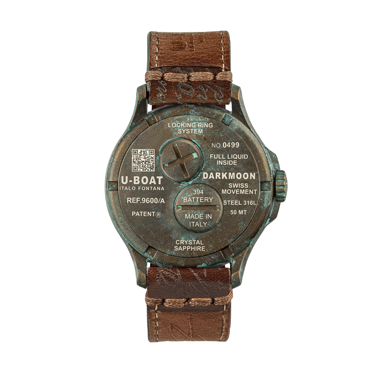 Back view of U-BOAT WATCHES Mod. 9600/A with brown leather strap and engraved details.