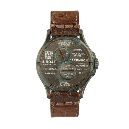 Back view of U-BOAT WATCHES Mod. 9600/A with brown leather strap and engraved details.
