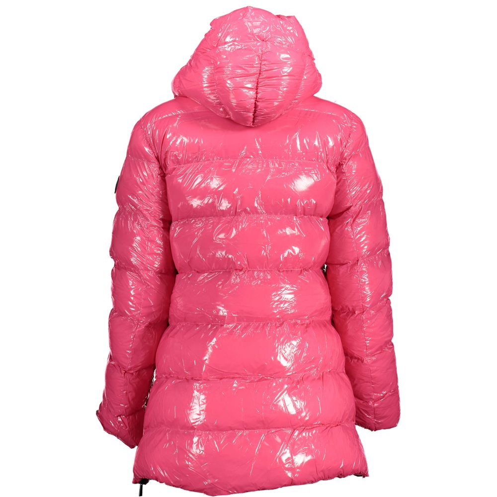 U.S. POLO ASSN. Pink Polyester Women Jacket with hood and shiny finish, featuring side slits and logo detailing, back view.