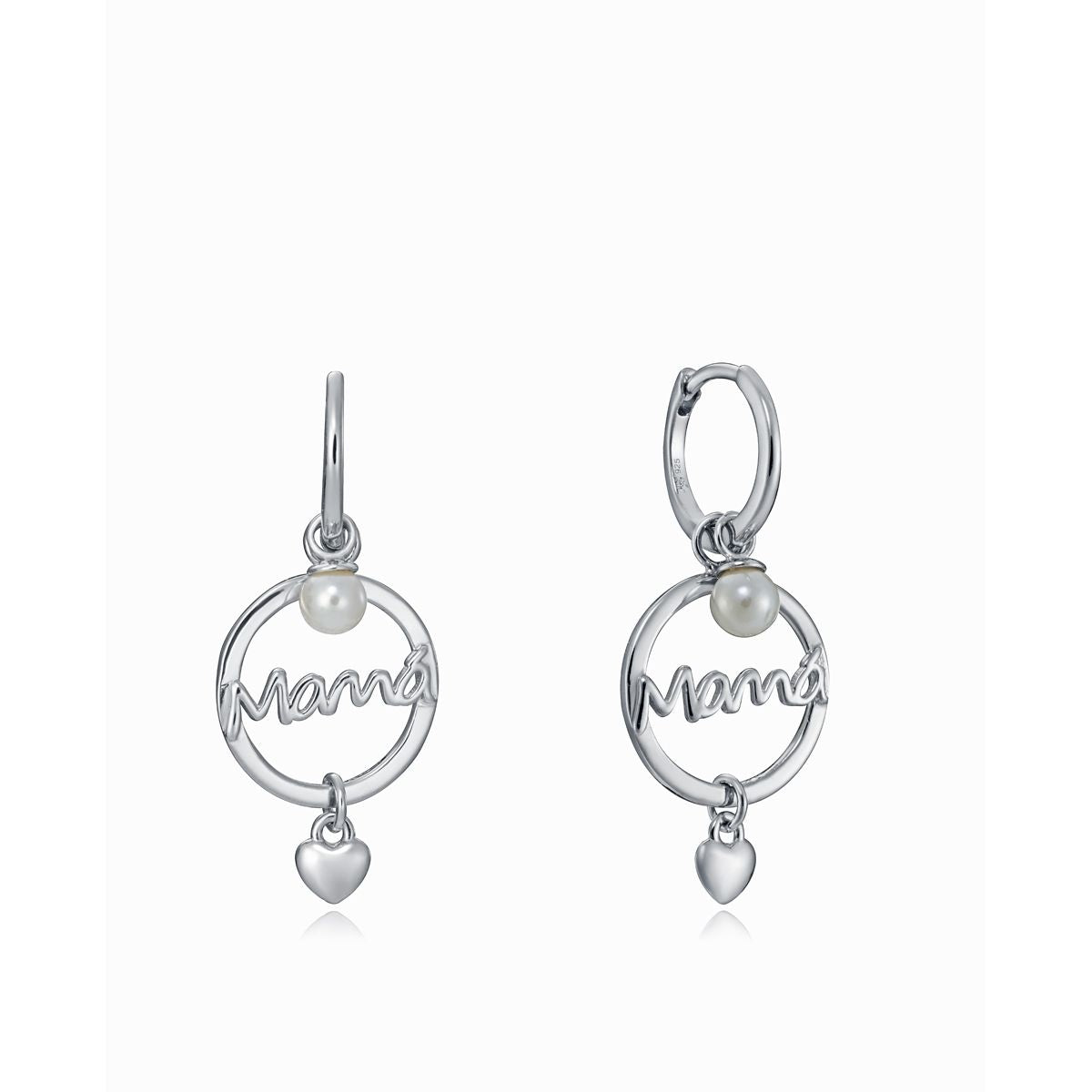 Elegant 'Mamá' silver hoop earrings with pearls and heart charms for a stylish touch of love and sophistication, perfect for gifting.