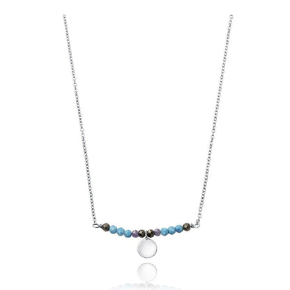 Elegant silver necklace with colorful beads and circular pendant on a white background