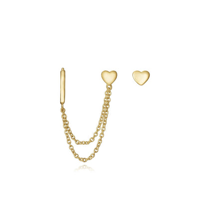 Gold heart chain earrings for ladies, stylish design with a double chain link and heart studs, perfect accessory for modern fashion.