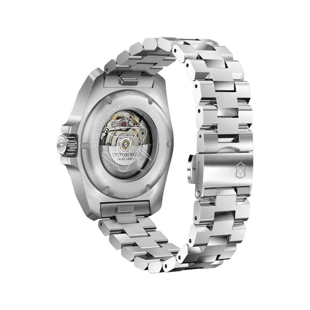 VICTORINOX WATCHES Mod. V242020 - view of stainless steel band and transparent back showcasing intricate watch mechanism.