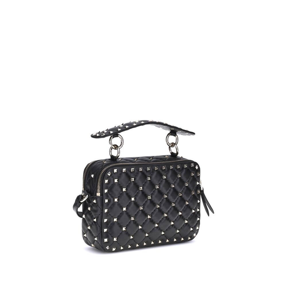 Valentino Garavani Black Lamb Ovis Aries Aries Shoulder Bag with gold-tone Rockstud studs and quilted design.