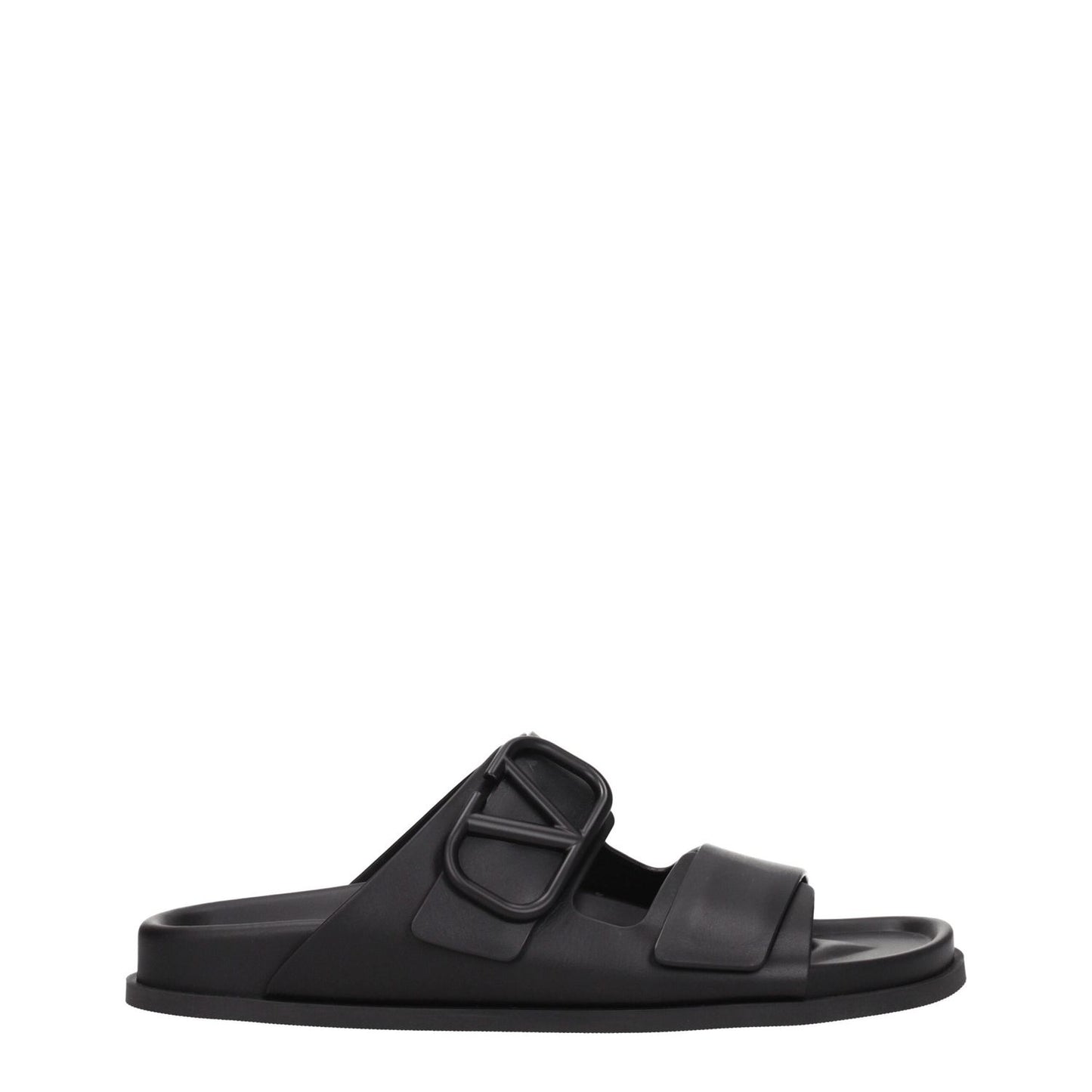 Valentino Garavani Black Leather Slippers with open toe and front logo, featuring a low flat heel and rubber sole, MPN S0G80UHE0NO.