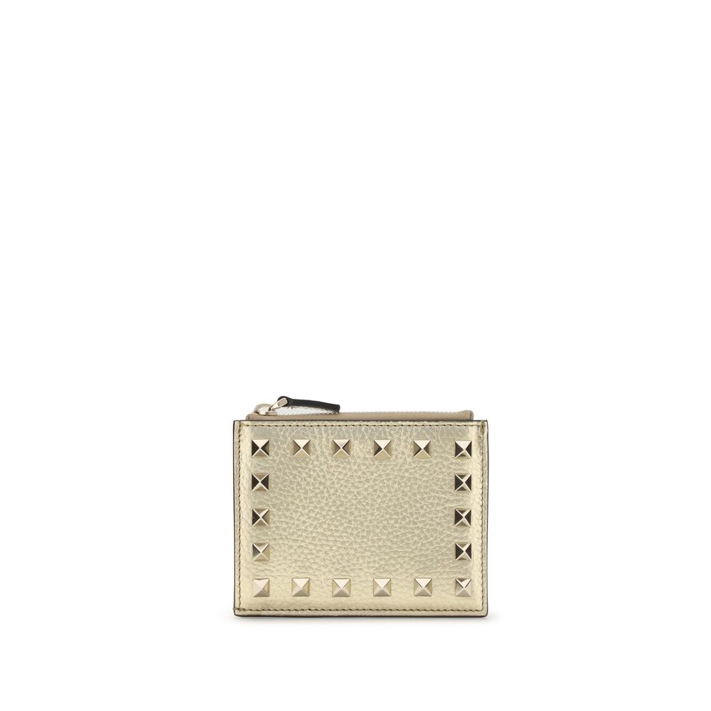 Valentino Garavani Gold Calf Leather Bos Taurus Wallet with iconic Rockstud design, featuring a zippered pocket and card slots, AW25 collection.