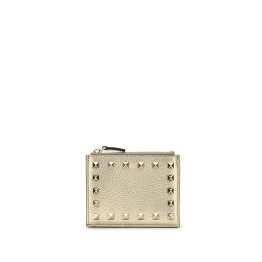 Valentino Garavani Gold Calf Leather Bos Taurus Wallet with iconic Rockstud design, featuring a zippered pocket and card slots, AW25 collection.