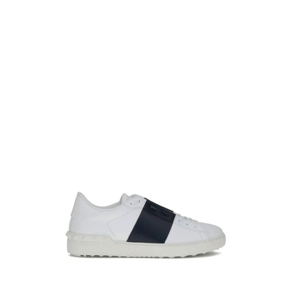 Valentino Garavani White Calf Leather Bos Taurus Low Top Sneakers with contrasting side bands and studded heel.