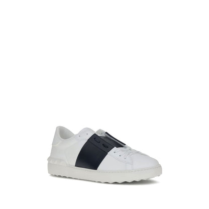 Valentino Garavani White Calf Leather Bos Taurus Low Top Sneakers with contrasting bands and studs on heel.