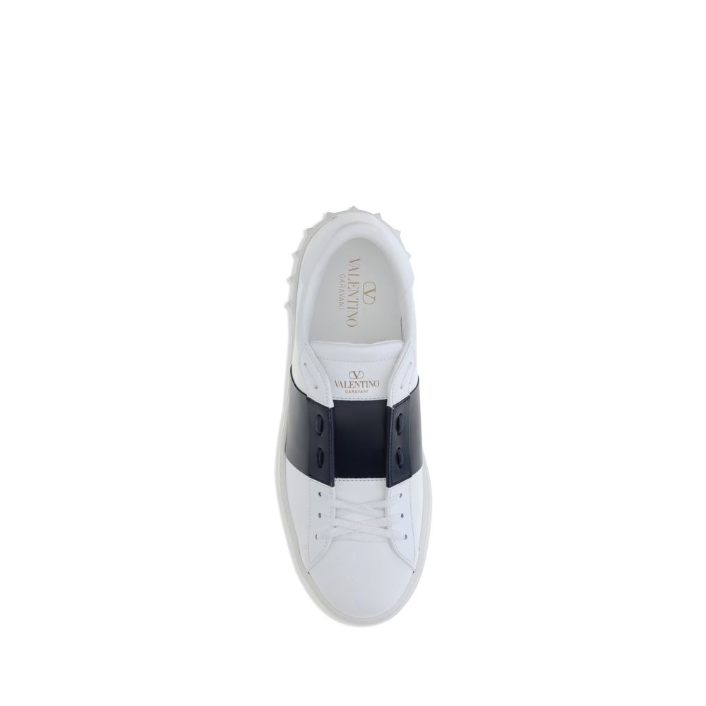 Valentino Garavani White Calf Leather Bos Taurus Low Top Sneakers with contrasting black band and branded insole, top view.