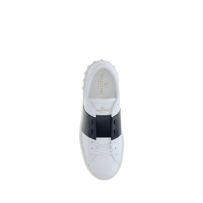 Valentino Garavani White Calf Leather Bos Taurus Low Top Sneakers with contrasting black band and branded insole, top view.