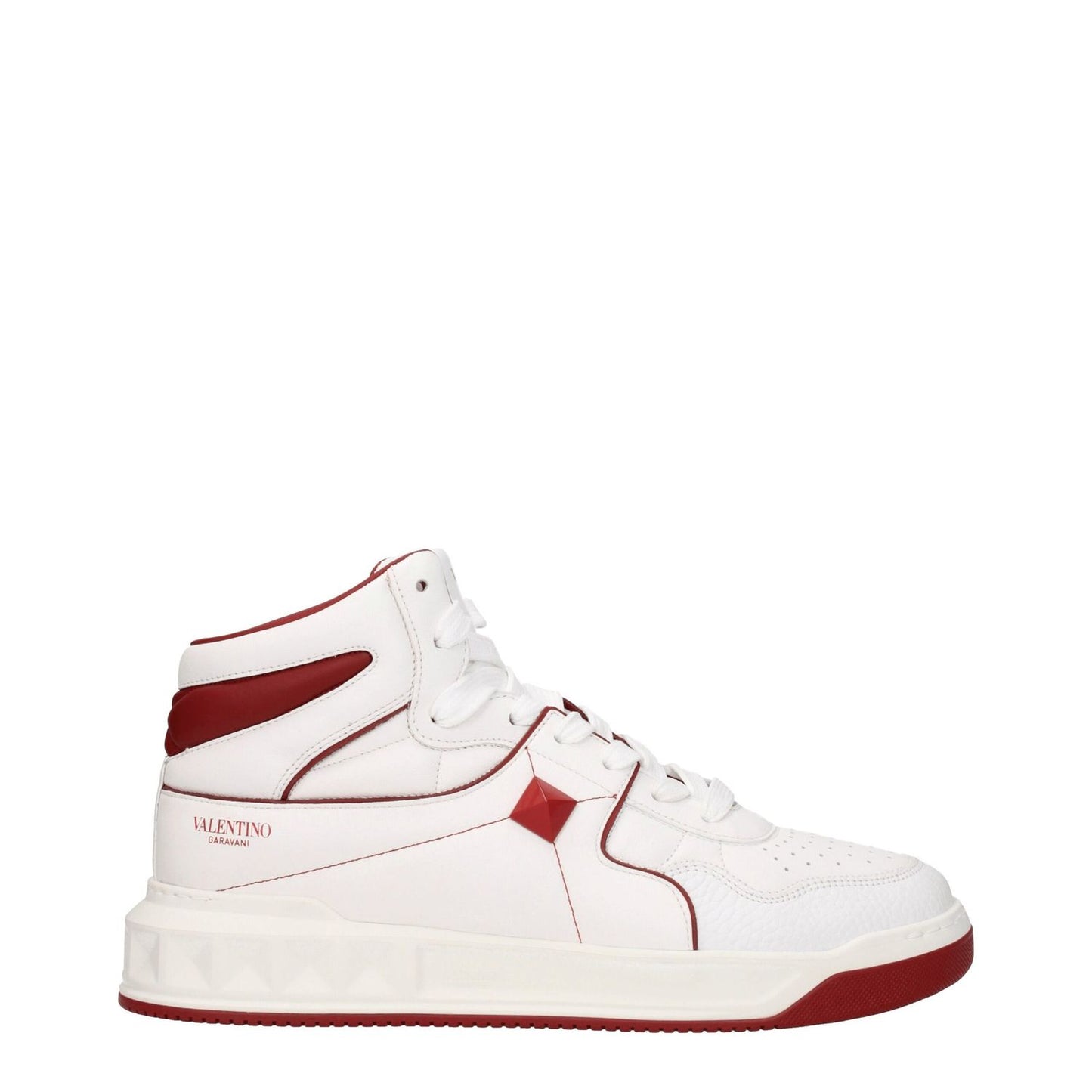 Valentino Garavani White Leather High Top Sneakers with studs and logos in white leather, featuring a red accent and rubber sole. MPN S0E63NWNR81.