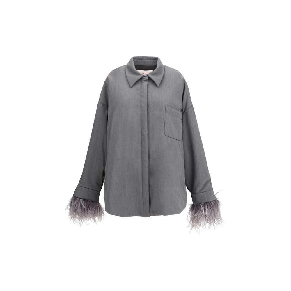 Valentino Gray Fleece Wool Clothing - Feather Jacket with snap-button closure and asymmetrical hem for modern style.