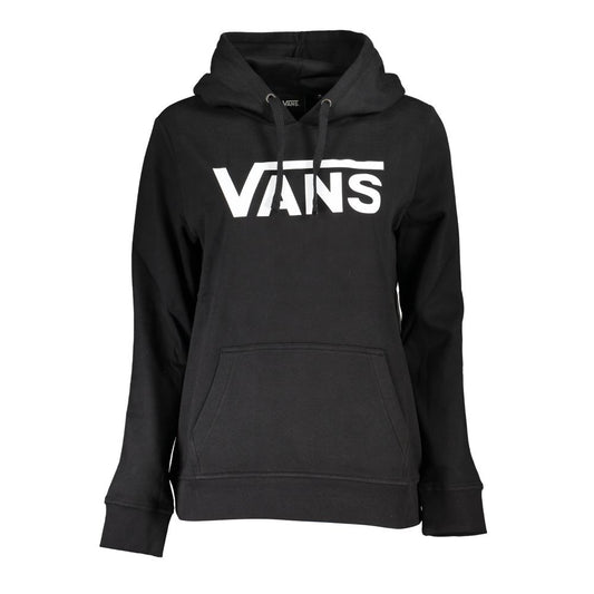 Vans Black Cotton Women Sweater with hood and logo detailing, featuring a front pocket for style and comfort.