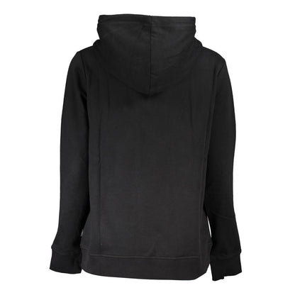 Back view of Vans Black Cotton Women Sweater with hood and fleece lining, showcasing casual street style vogue. Comfortable and stylish design.
