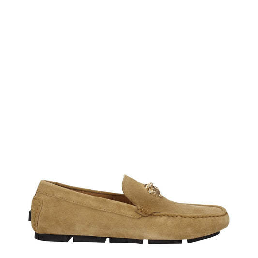 Versace Beige Leather Slip-On Loafers in suede with front logo detail, low flat heel, and round toe, perfect for casual style.