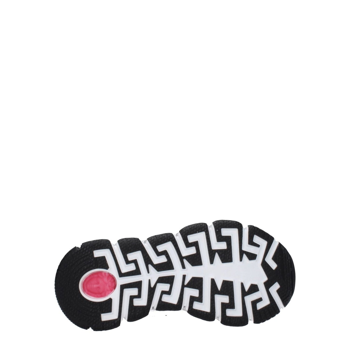 Sole view of Versace White Fabric Athletic Sneakers highlighting the rubber pattern with pink accent, MPN 10041821A081592W270.