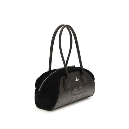 Vivienne Westwood Black Calf Leather Bos Taurus Shoulder Bag with crocodile-embossed leather, suede, and Orb metallic detail.