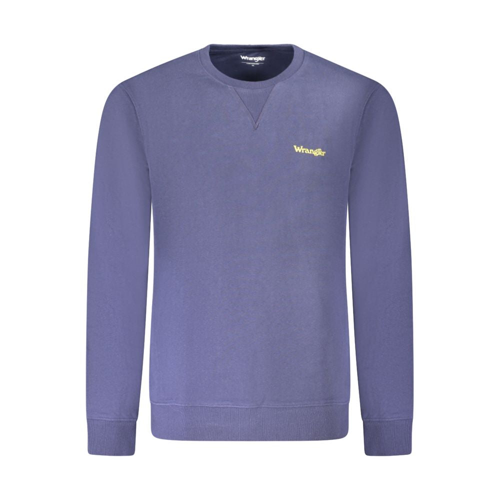Wrangler Blue Cotton Men Sweater with iconic logo, long sleeves, and crew neck, showcasing a blend of comfort and style.