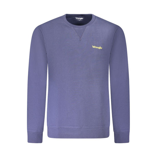 Wrangler Blue Cotton Men Sweater with iconic logo, long sleeves, and crew neck, showcasing a blend of comfort and style.