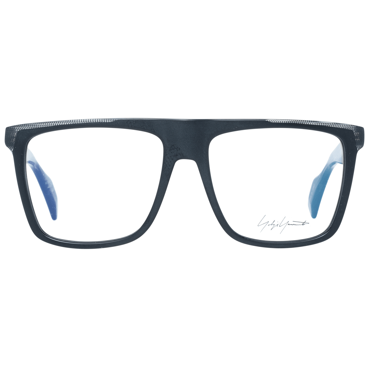 Yohji Yamamoto Black Plastic Glasses (Frames), full-rim square plastic frame, with blue-filter lenses, includes branded soft case.